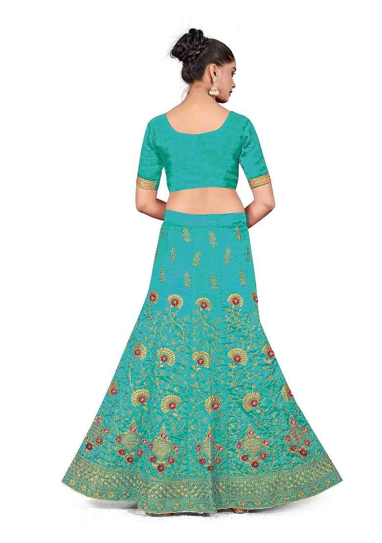 Sky Blue Zari Embroidered Silk Blend Lehenga Set for Diwali and Festive Wear - Indya