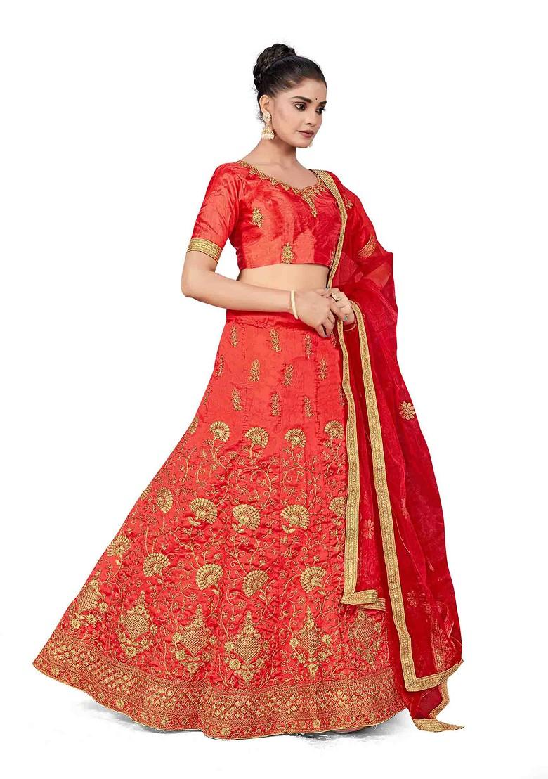 Rust Zari Embroidered Silk Lehenga Set
