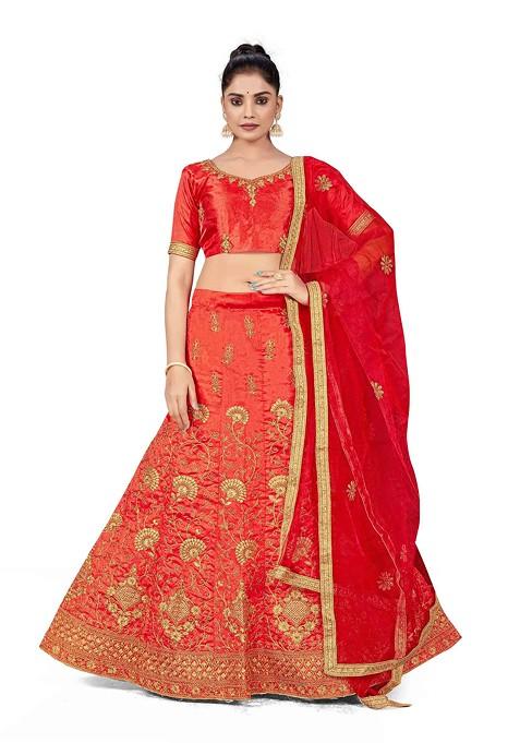 Rust Zari Embroidered Silk Lehenga Set