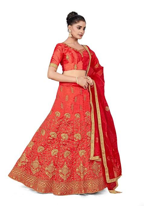 Rust Zari Embroidered Silk Lehenga Set