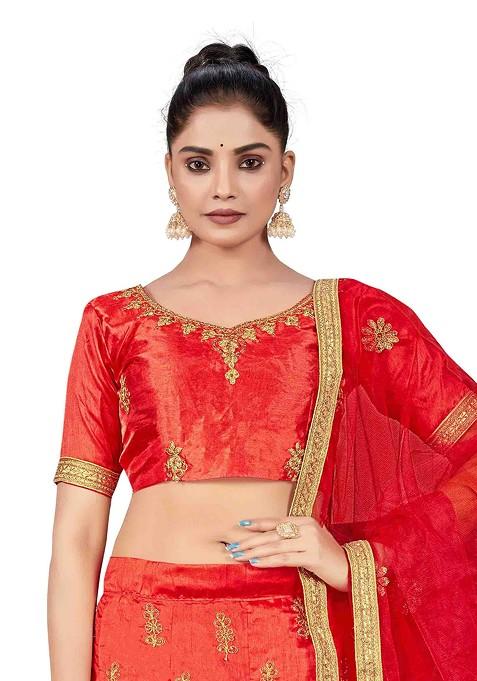 Rust Zari Embroidered Silk Lehenga Set