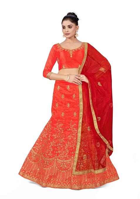 Rust Zari Embroidered Silk Lehenga Set