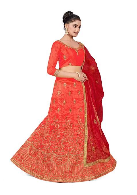 Rust Zari Embroidered Silk Lehenga Set