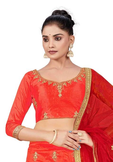 Rust Zari Embroidered Silk Lehenga Set