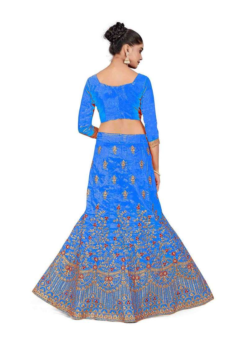 Sky Blue Zari Embroidered Silk Blend Lehenga Set for Diwali and Festive Wear - Indya