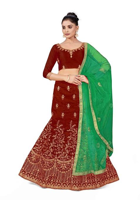 Maroon Zari Embroidered Silk Lehenga Set