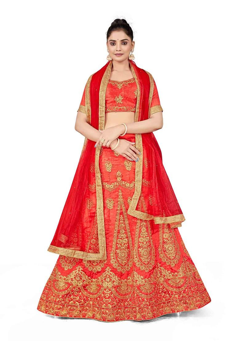 Rust Zari Embroidered Silk Lehenga Set