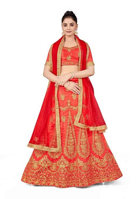 Rust Zari Embroidered Silk Lehenga Set