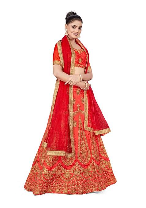 Rust Zari Embroidered Silk Lehenga Set