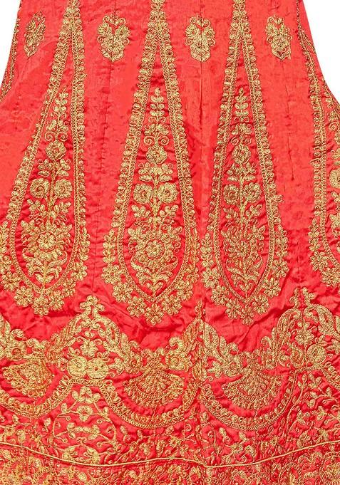 Rust Zari Embroidered Silk Lehenga Set