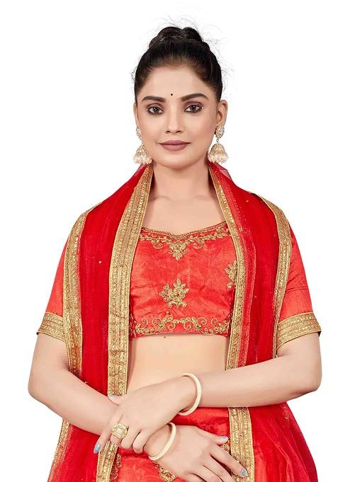 Rust Zari Embroidered Silk Lehenga Set