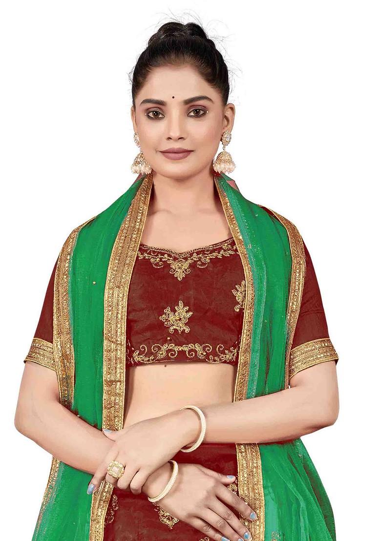 Maroon Zari Embroidered Silk Lehenga Set - Indya