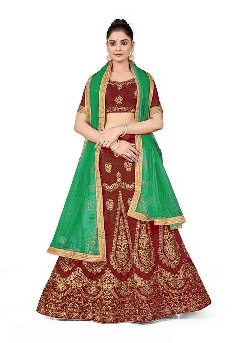 Maroon Zari Embroidered Silk Lehenga Set