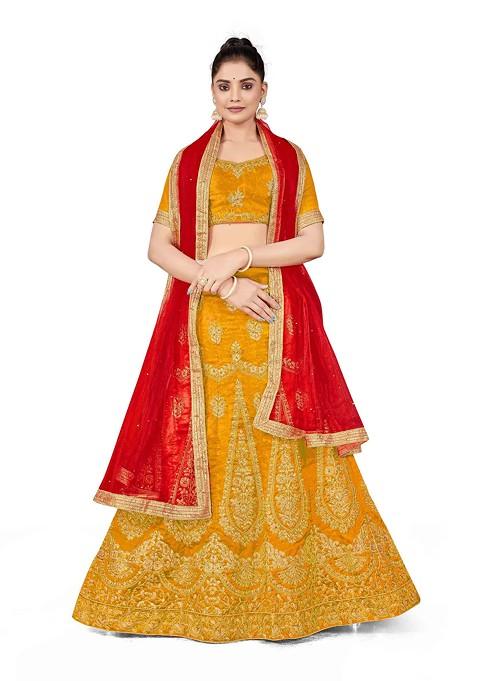 Mustard Zari Embroidered Silk Lehenga Set