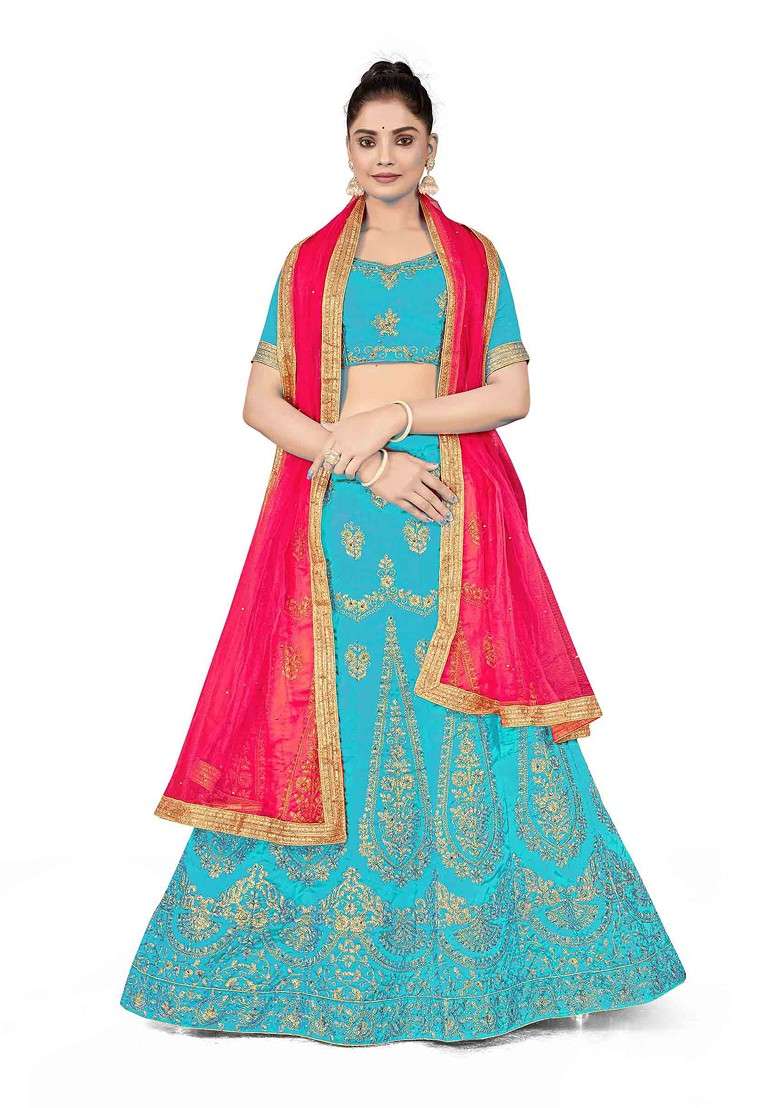 Sky Blue Zari Embroidered Silk Blend Lehenga Set for Diwali and Festive Wear - Indya