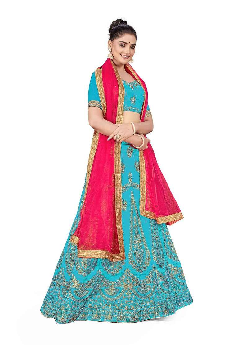 Sky Blue Zari Embroidered Silk Blend Lehenga Set for Diwali and Festive Wear - Indya