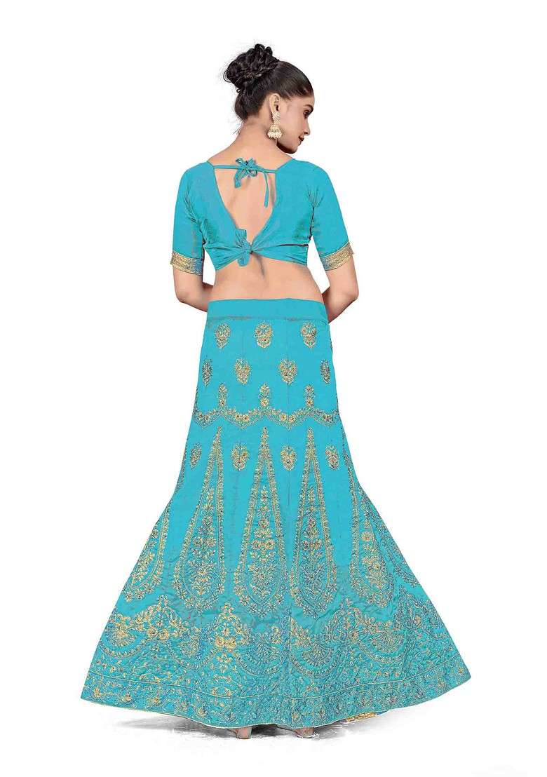 Sky Blue Zari Embroidered Silk Blend Lehenga Set for Diwali and Festive Wear - Indya