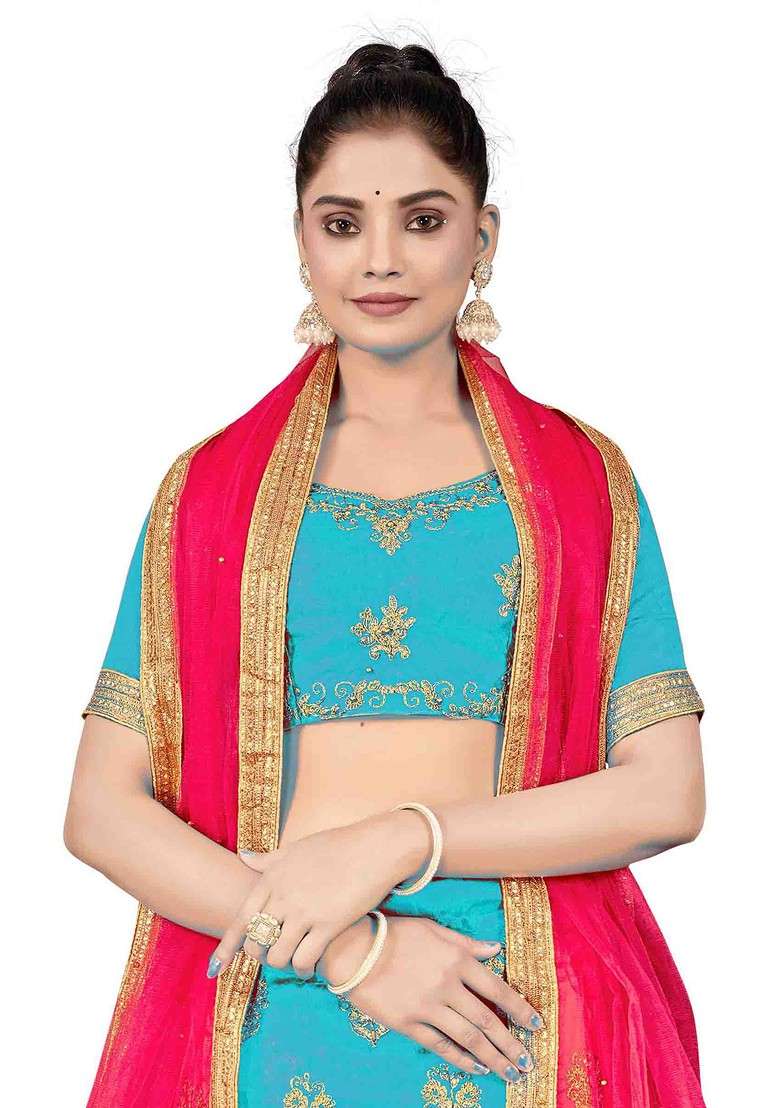 Sky Blue Zari Embroidered Silk Blend Lehenga Set for Diwali and Festive Wear - Indya