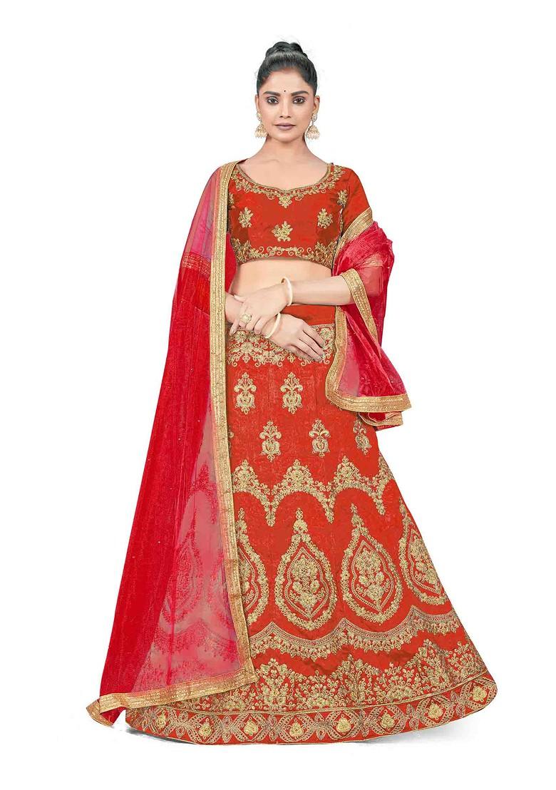 Rust Zari Embroidered Silk Lehenga Set