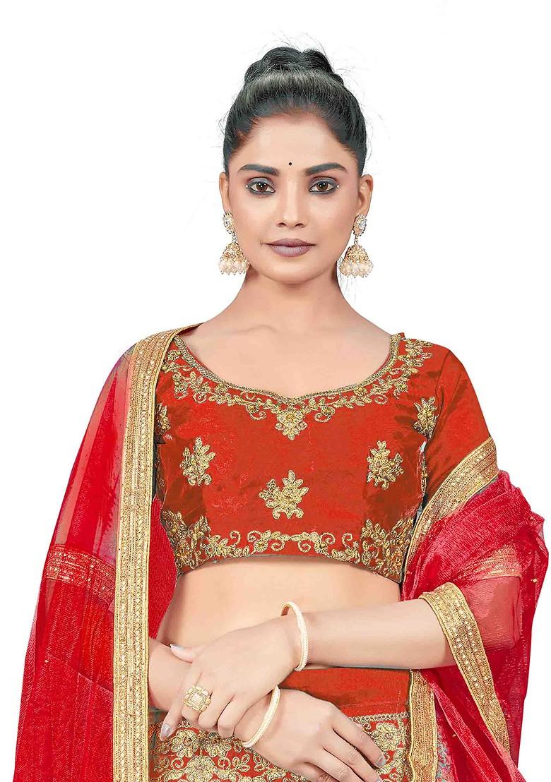 Rust Zari Embroidered Silk Lehenga Set