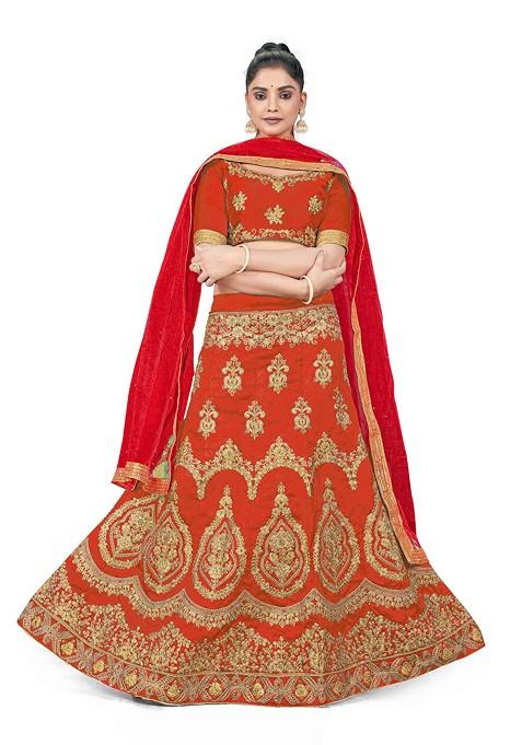 Rust Zari Embroidered Silk Lehenga Set