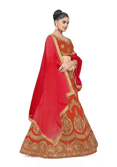 Rust Zari Embroidered Silk Lehenga Set