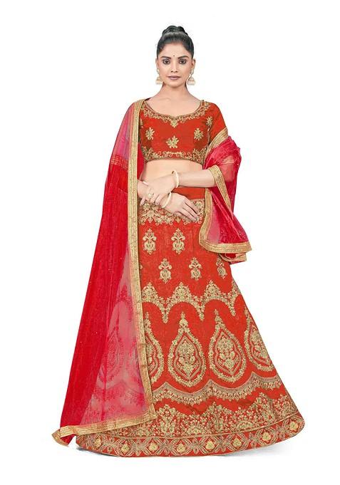 Rust Zari Embroidered Silk Lehenga Set