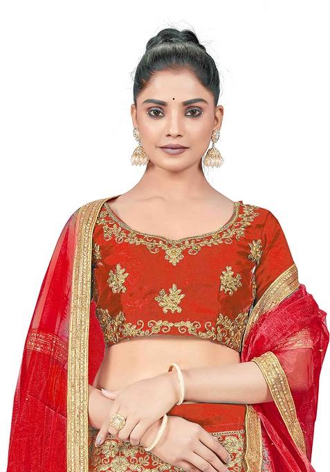 Rust Zari Embroidered Silk Lehenga Set
