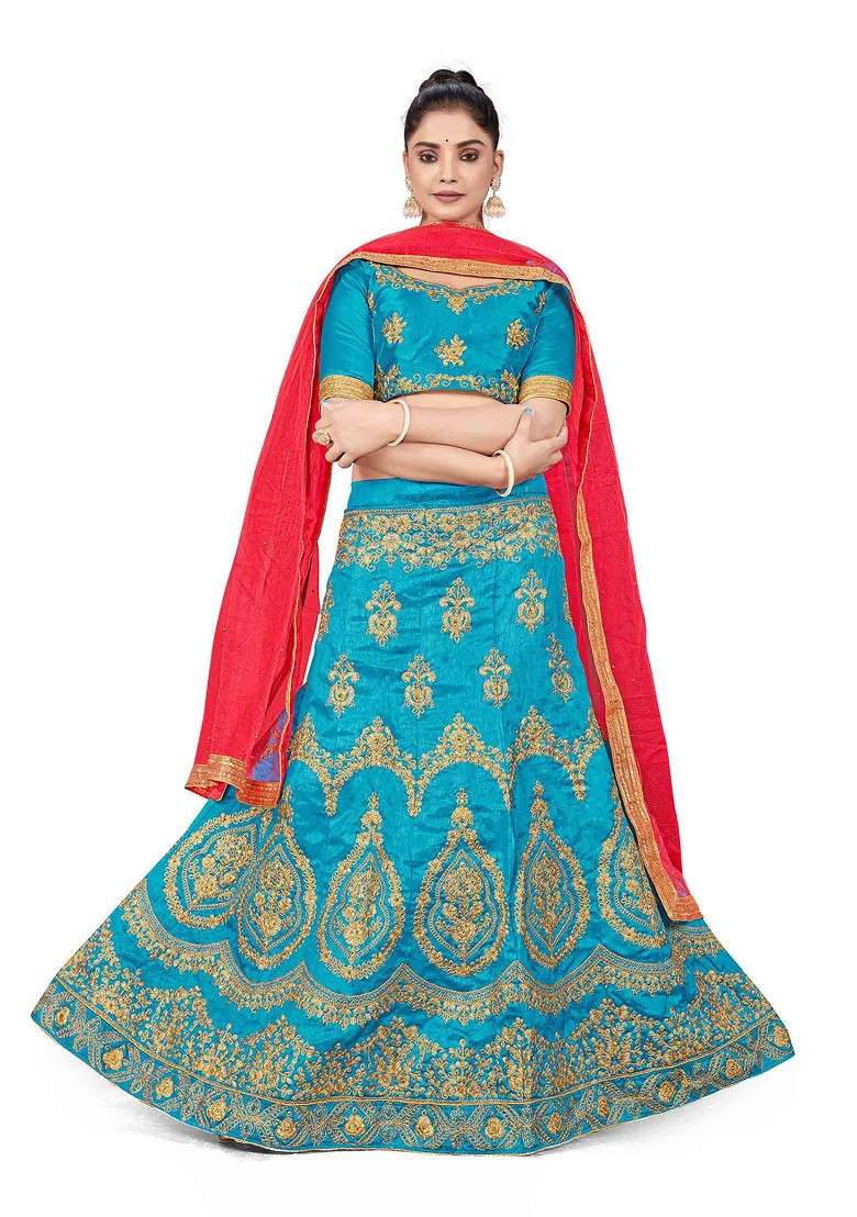 Sky Blue Zari Embroidered Silk Blend Lehenga Set for Diwali and Festive Wear - Indya