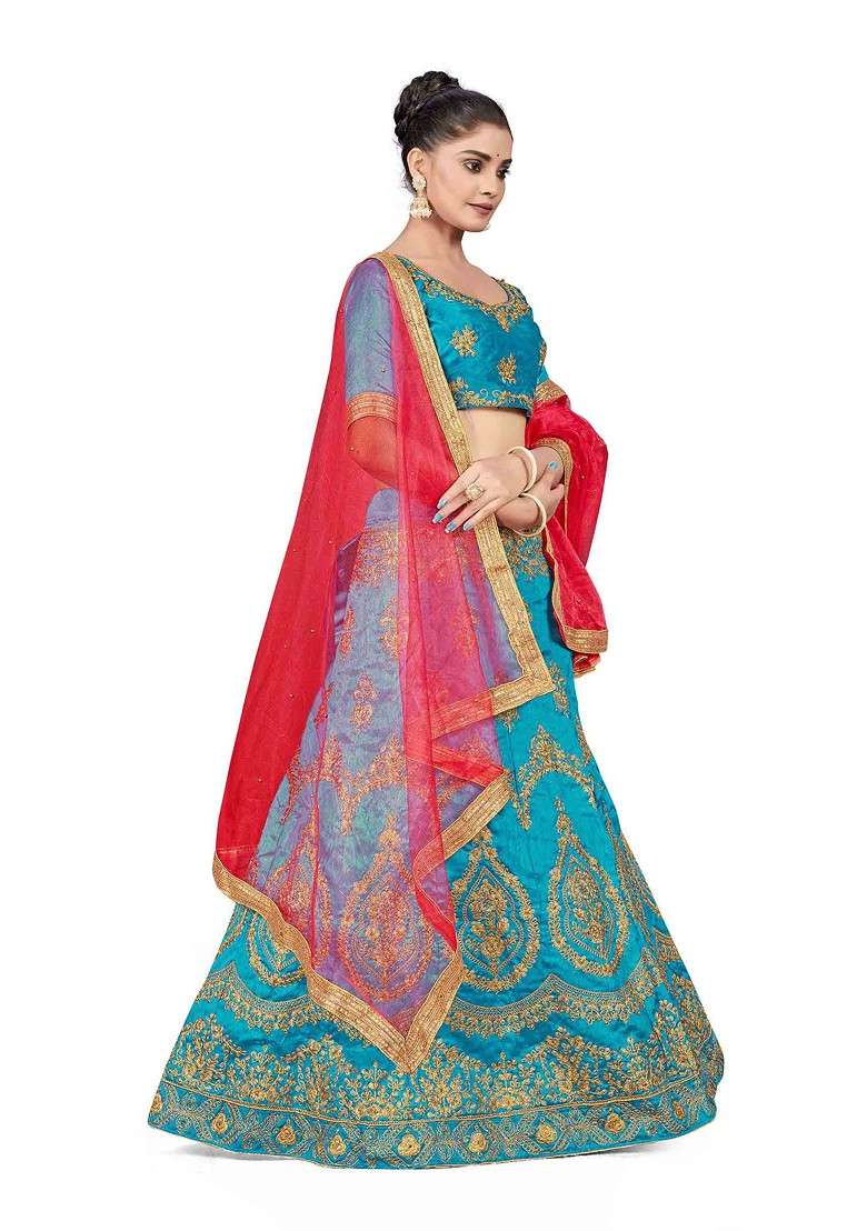 Sky Blue Zari Embroidered Silk Blend Lehenga Set for Diwali and Festive Wear - Indya