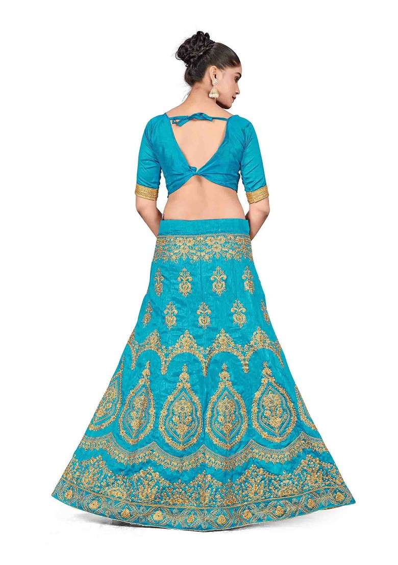 Sky Blue Zari Embroidered Silk Blend Lehenga Set for Diwali and Festive Wear - Indya