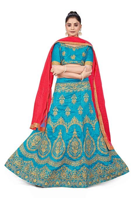 Sky Blue Zari Embroidered Silk Lehenga Set