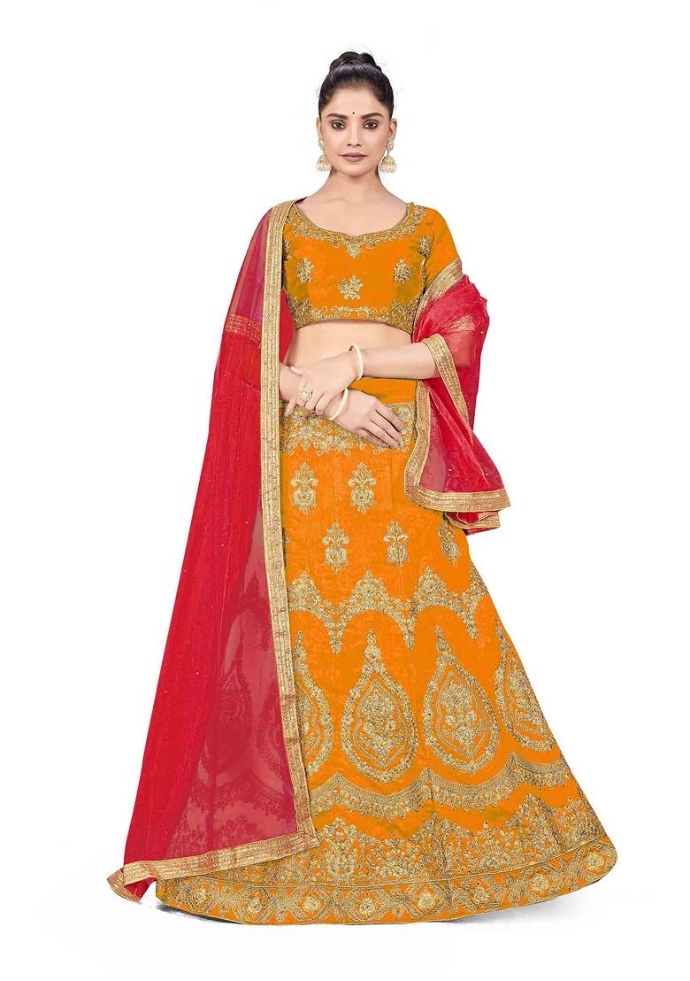 Mustard Zari Embroidered Silk Lehenga Set