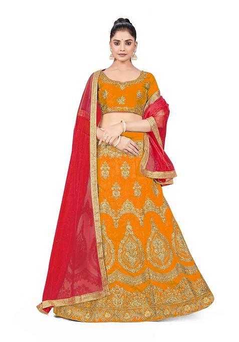 Mustard Zari Embroidered Silk Lehenga Set