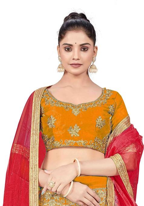 Mustard Zari Embroidered Silk Lehenga Set