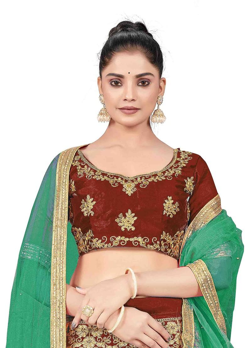 Maroon Zari Embroidered Silk Lehenga Set - Indya