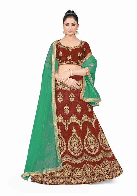 Maroon Zari Embroidered Silk Lehenga Set