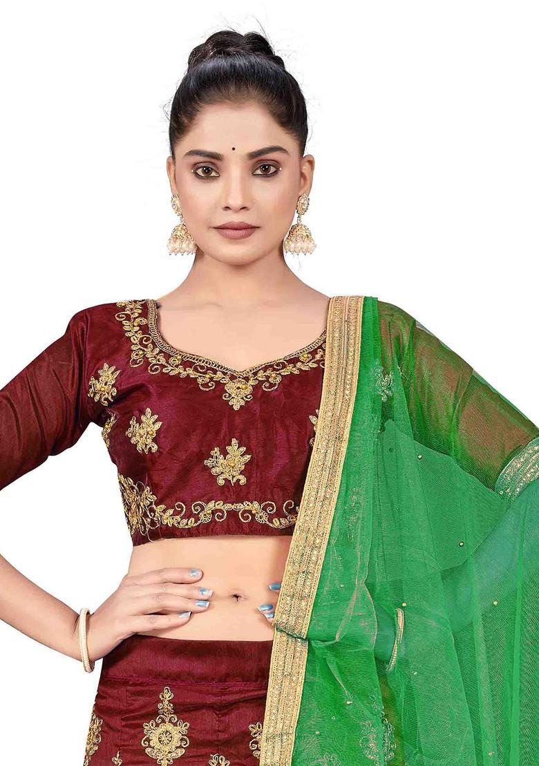 Maroon Zari Embroidered Silk Lehenga Set - Indya