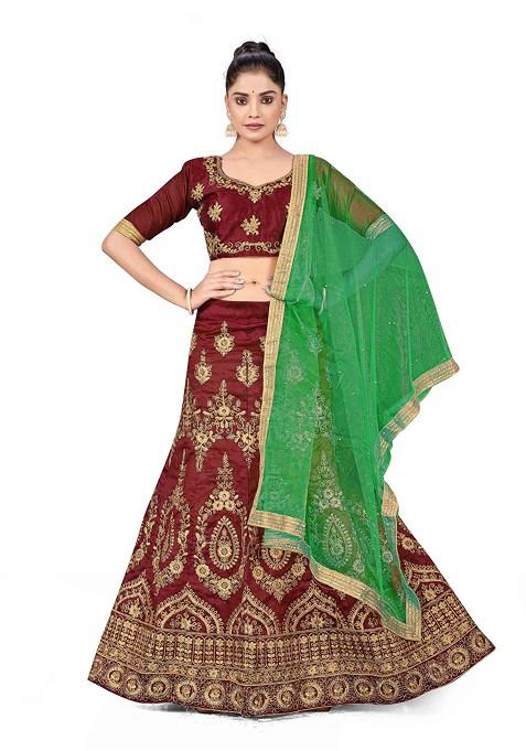 Maroon Zari Embroidered Silk Lehenga Set