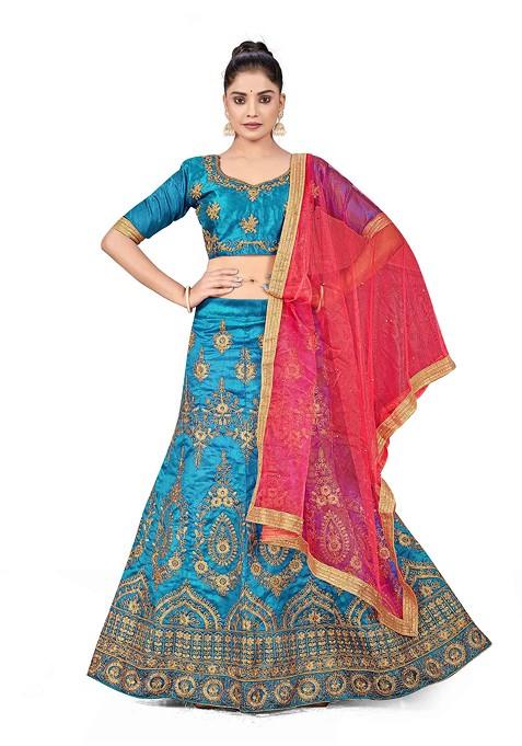 Sky Blue Zari Embroidered Silk Lehenga Set