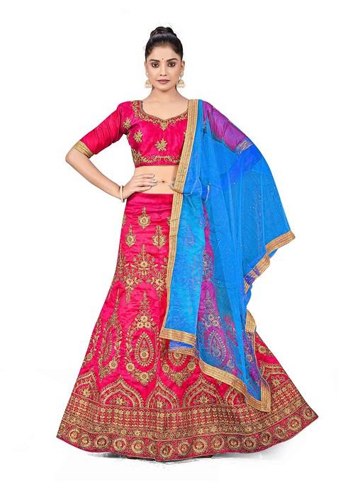 Pink Zari Embroidered Silk Lehenga Set