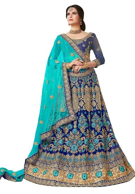 Blue Embroidered Net Lehenga Set