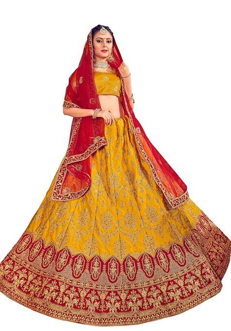 Mustard Embroidered Silk Lehenga Set