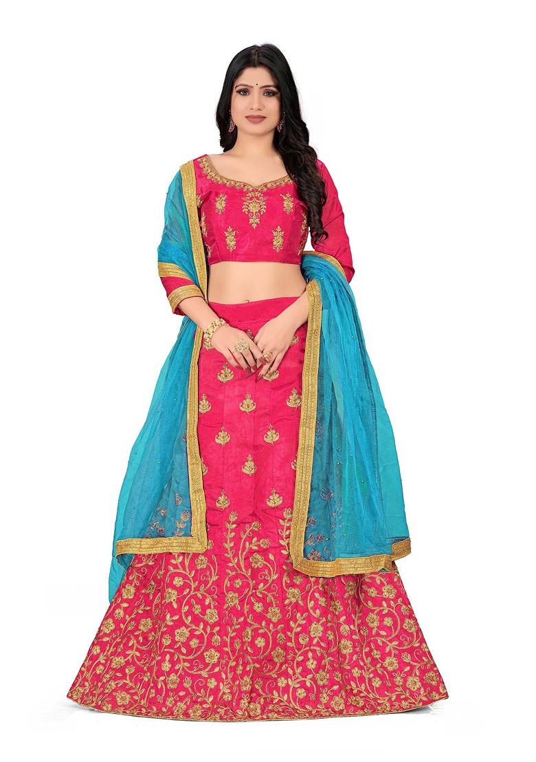 Pink Zari Embroidered Silk Lehenga Set