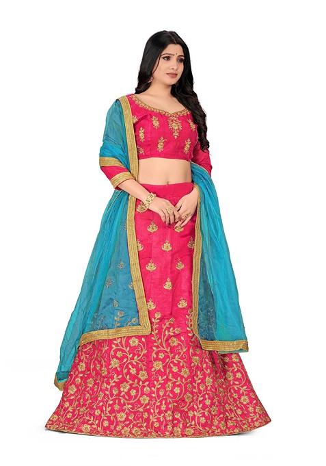 Pink Zari Embroidered Silk Lehenga Set
