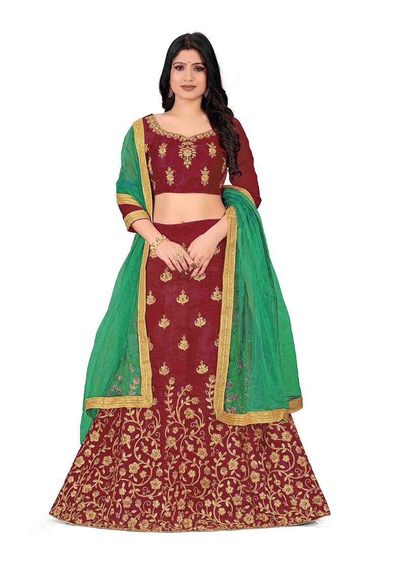 Maroon Zari Embroidered Silk Lehenga Set