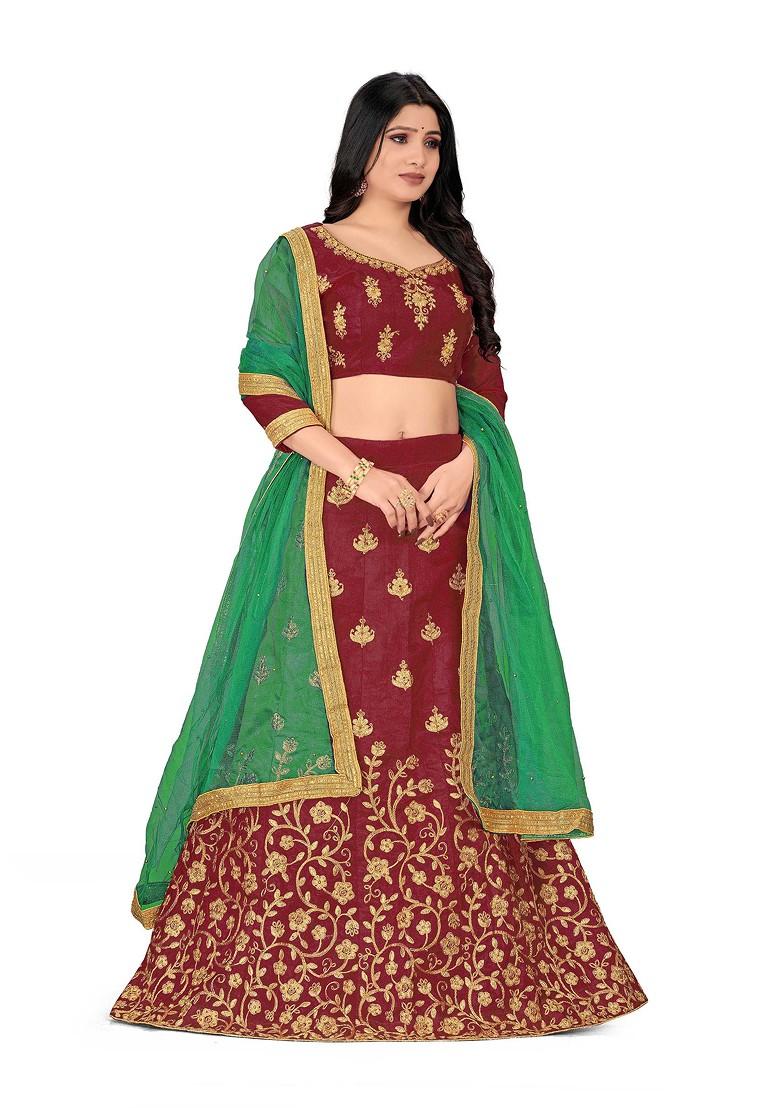 Maroon Zari Embroidered Silk Lehenga Set