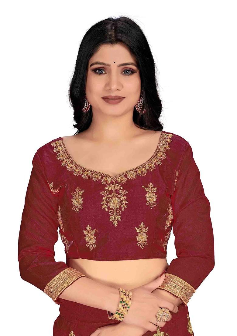 Maroon Zari Embroidered Silk Lehenga Set - Indya