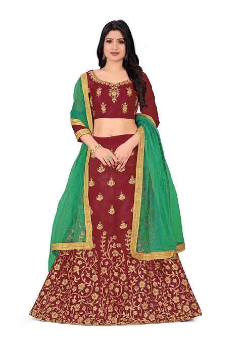 Maroon Zari Embroidered Silk Lehenga Set