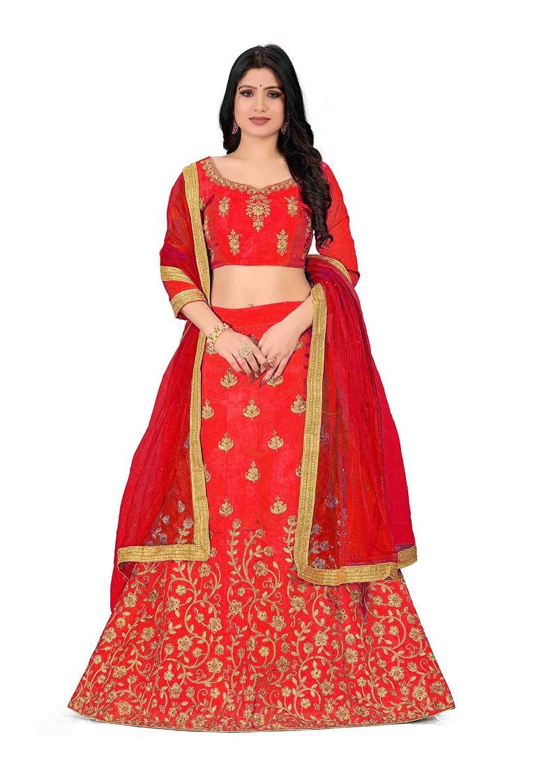 Rust Zari Embroidered Silk Lehenga Set